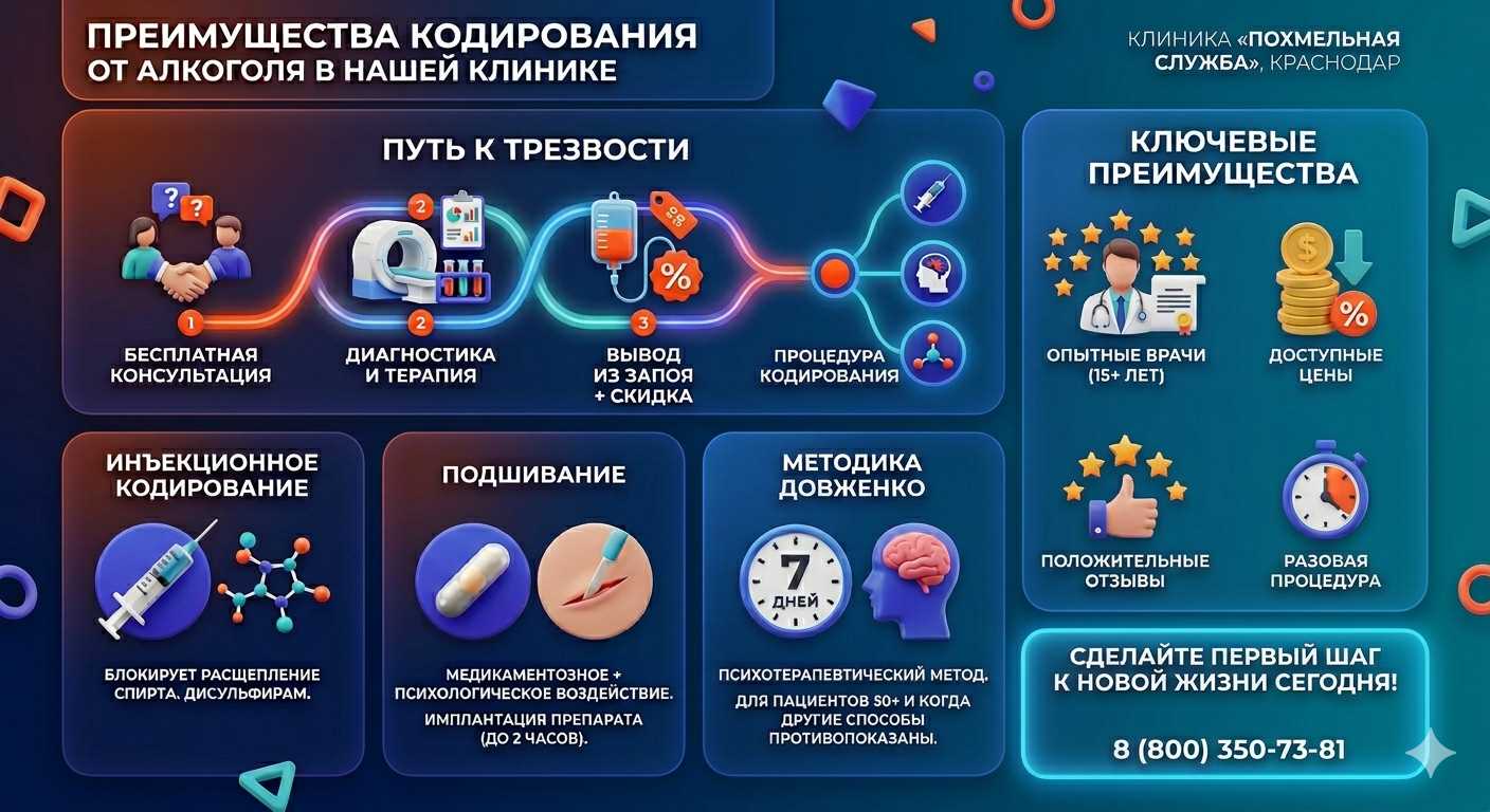 Инфографика о методах кодирования от алкоголя в Озерах: инъекции, подшивание, метод Довженко. Преимущества клиники и этапы лечения.